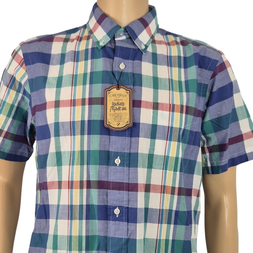 Cremieux Shirt Men's Size L Indian Madras Plaid Short Sleeve Cotton Green (02)